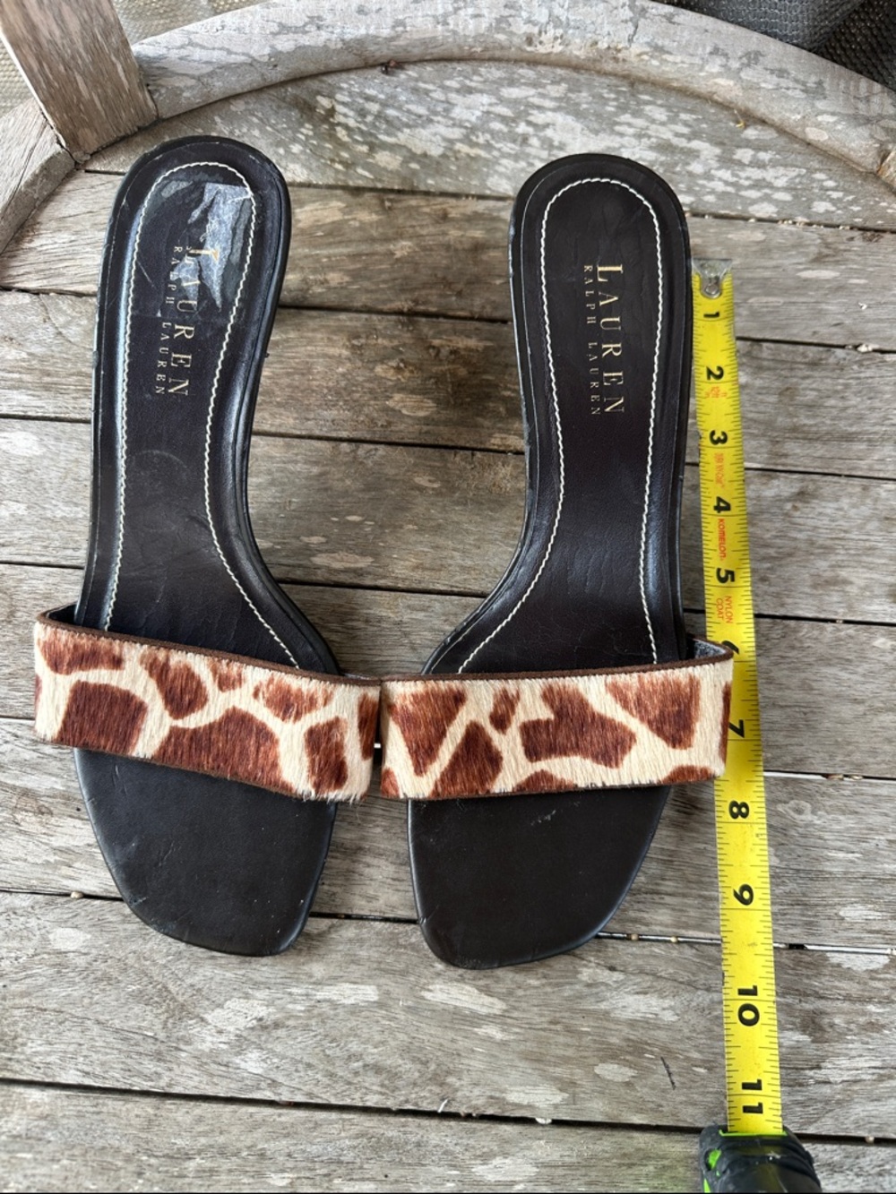 Lauren Ralph Lauren Black Slides with Brown Giraffe-Print Strap 8 1/2